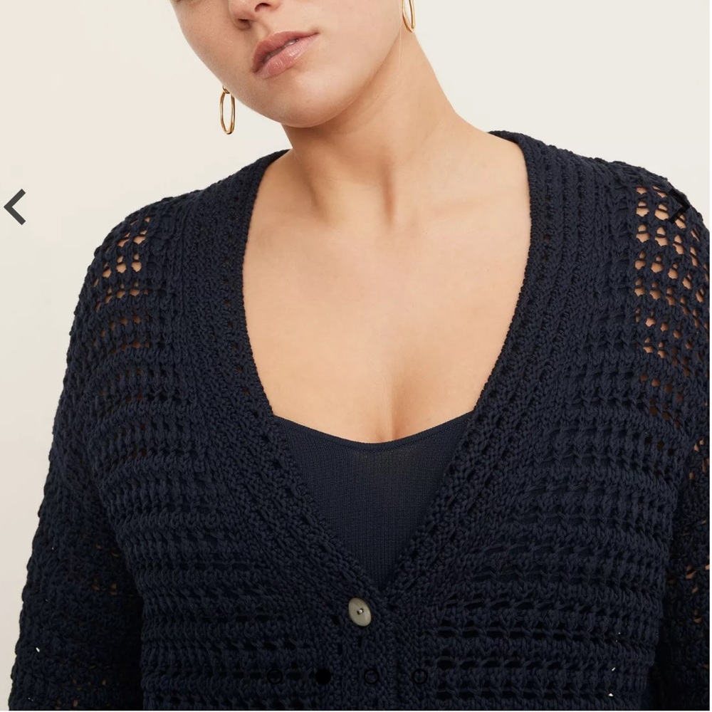 Vince Women's 100% Organic Cotton Crochet Cardigan Sweater Navy Blue XL - Picture 3 of 15